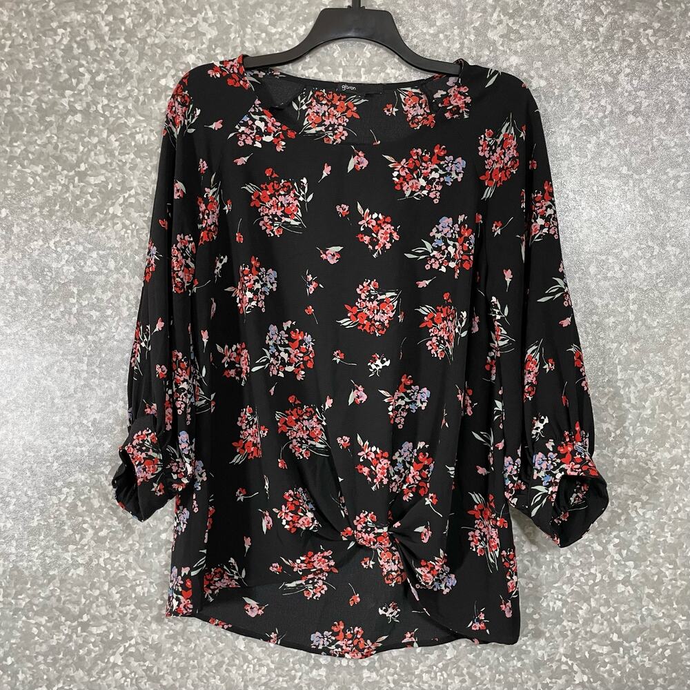 Gibson Black & Red Floral Twist Front Tunic Length Top - Size Large - 3/4 Sleeve